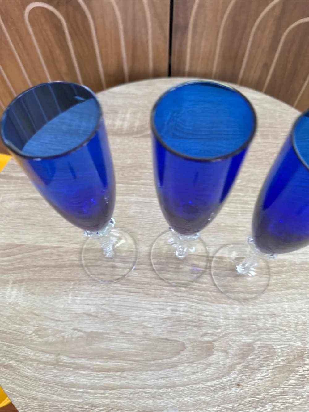 Set of 3 Colony Cobalt Blue Champagne Flutes, MCM, Pirouette with Twisted‎ stems